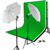LS Photo Pro Studio 6'x9' Black White Chroma Key Green Muslin Backdrop Support Kit 33" 90W White Umbrella Light Kit